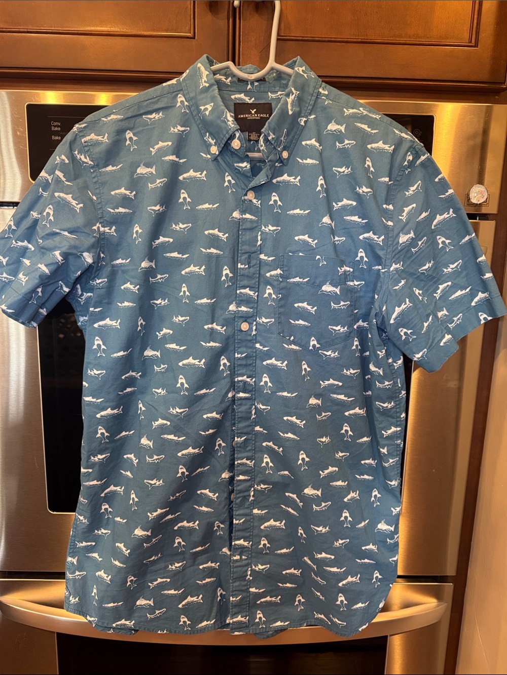 American Eagle Outfitters Sea Blue Short-Sleeve Shark Pattern Button-Down Shirt